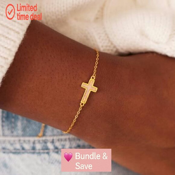 18K Gold Plated Cross Bracelet, 6" Length, Sterling Silver, Dainty Charm - Picture 4 of 7